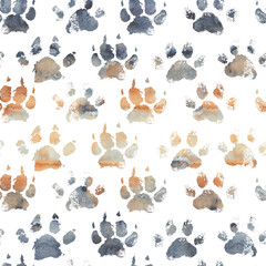 Animal footprint seamless pattern with watercolor brown paws.