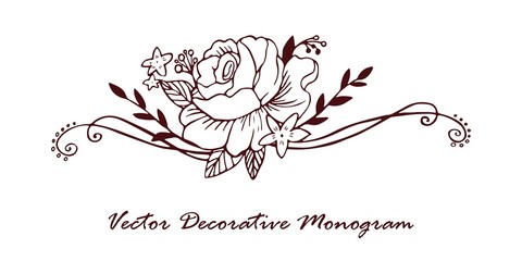 Vector decorative monogram floral outline linear hand drawing