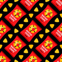 Red cartoon style packages of tortilla chips, nacho chips seamless pattern background.
