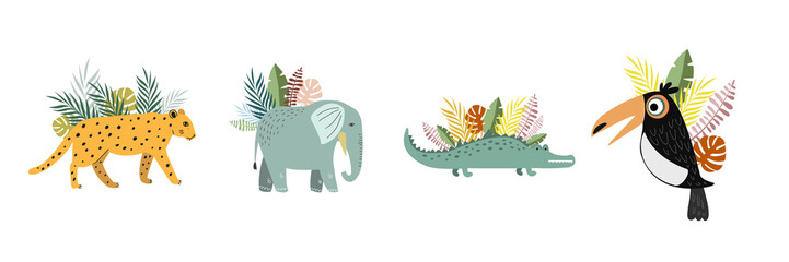 Set of illustrations with tropical animals. Vector color illustration in cartoon style. tropical animals