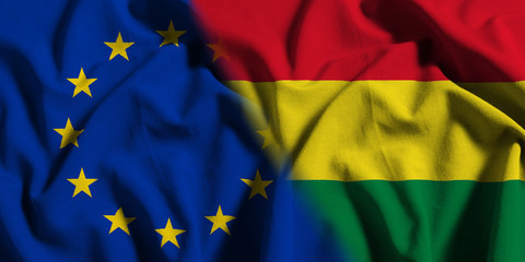 National flag of Bolivia with European Union (EU) flag on a waving cotton texture background