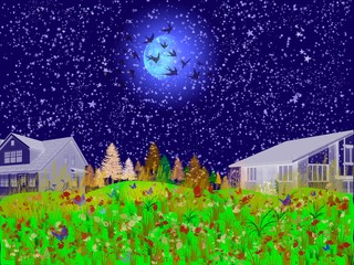 Ilustración de noche idílica estrellada en el campo