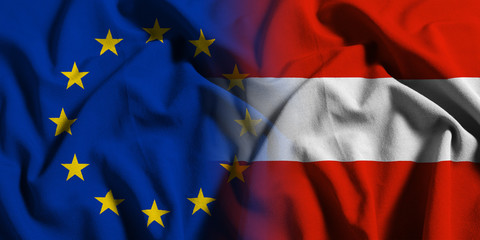 National flag of Austria with European Union (EU) flag on a waving cotton texture background