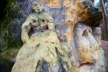 Fototapeta na wymiar Rock sculptures of giant heads and other artworks Harfenice (Harfenist) carved into the sandstone cliffs in pine forest above village Zelizy by Vaclav Levy, Central Bohemia, Kokorin, Czech republic