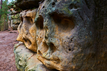 Rock sculptures of giant heads and other artworks Harfenice (Harfenist) carved into the sandstone cliffs in pine forest above village Zelizy by Vaclav Levy, Central Bohemia, Kokorin, Czech republic