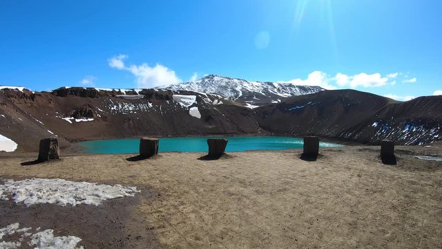 Viti crater geothermal lake and Oskjuvatn lake in Askja caldera, near Hverir Myvatn geothermal area, Iceland