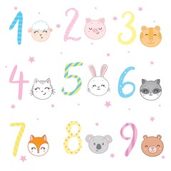 Obraz premium Funky Animals Standing Next To Digits Sticker Set. Stylized Colorful Flat Vector Illustrations For Kids On White Background,
