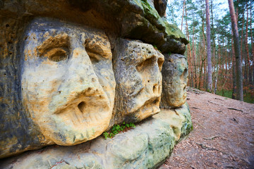 Rock sculptures of giant heads and other artworks Harfenice (Harfenist) carved into the sandstone cliffs in pine forest above village Zelizy by Vaclav Levy, Central Bohemia, Kokorin, Czech republic