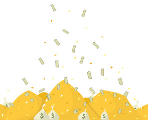 Pile of golden coins and banknotes. Bags with money. Money falling from sky on heaps of coins. Success and wealth concept. Bank or savings money. Jackpot or prosperity. 