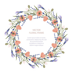Wreath vector frame floral card greeting template in a flat style. Circle wedding or birthday romantic background with poppy and lavender wild flowers.