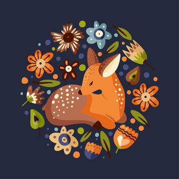 Cute vector illustration with a little fawn woodland animal in a flat style. Forest nature round reindeer postcard with botanical floral elements - flowers and foliage.