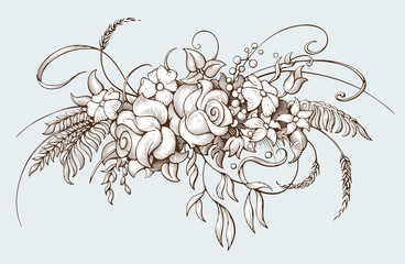 Bunch of flowers. Vintage botanical illustration. Bouquet in Baroque engraving style. Hand drawn vector illustration