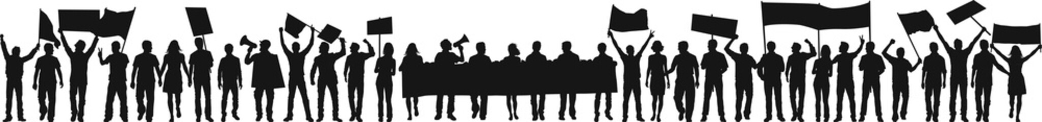 Crowd of protesters with banners demonstration people vector silhouette 