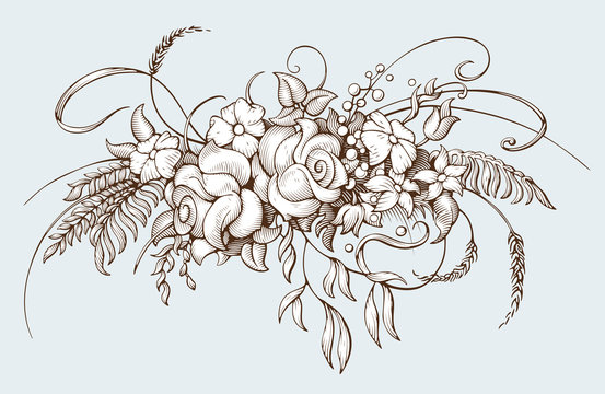 Bunch of flowers. Vintage botanical illustration. Bouquet in Baroque engraving style. Hand drawn vector illustration