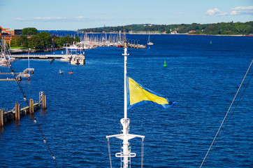 View over Kieler Förde and bay from cruiseship or cruise ship liner in summer