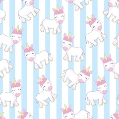 Obraz na płótnie Canvas Vector pattern with cute unicorns, clouds,rainbow and stars. Magic background with little unicorns.