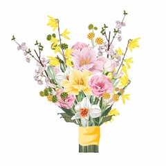 Flower Bouquet floral bunch, design object, element. Tulips, daffodils, sukura, Forsythia flowers, rustic floral elegant wedding card. All elements editable.