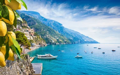 Door stickers Mediterranean Europe Beautiful Positano with comfortable beaches and blue sea on Amalfi Coast in Campania, Italy.