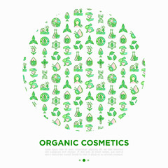 Organic cosmetics concept in circle with thin line icons. Signs: cruelty free, 0% alcohol, natural ingredients, paraben free, eco friendly, no mineral oil, non GMO. Modern vector illustration.