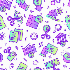 Rate cut seamless pattern with thin line icons: cutting price, cost reduction, sale, discount, receipt, loyalty card, interest. Modern vector illustration.
