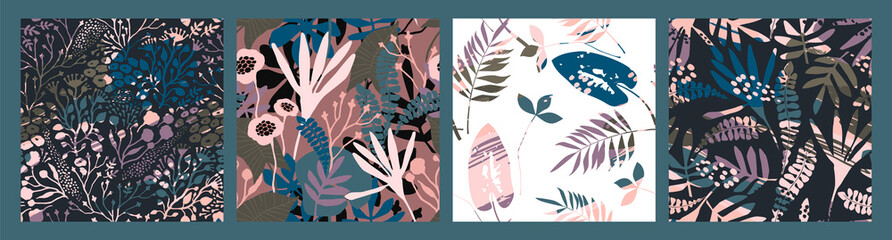 Abstract floral seamless patterns with trendy hand drawn textures.