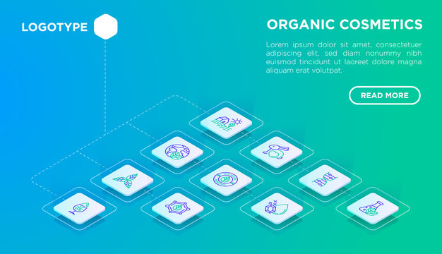 Organic cosmetics web page template with thin line isometric icons. Cruelty free, 0% alcohol, natural ingredients, paraben free, eco friendly, no mineral oil, non GMO. Modern vector illustration.