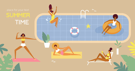 sum_07Template for summertime, holidays poster. Young women swimming, diving, sunbathing, relax, have a fun time in the pool. Vector cartoon illustration. Flat design, trendy style. Top view, bird's-e