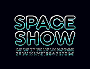 Vector bright Logo Space Show. Metallic gradient Font. Glossy Alphabet Letters and Numbers. 
