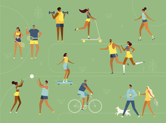 Set of vector fun characters. Young men and women have a fun time, go in for sports, ride a bike, roller skate, scooter, play ball. Healthy lifestyle in the fresh air. Flat design, trendy, minimal
