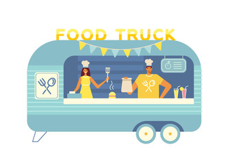 Food track. Van with fast food. Fun characters. Sellers of street food and drinks. Minimal, vector, cartoon illustration, flat design. White isolated. Template for your design