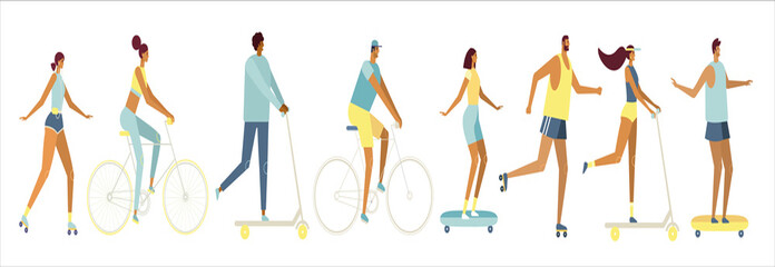 Collection cartoon vector characters. Young men and women ride bicycles, roller skates, skateboard, scooter. Active, sports lifestyle. Flat design, white background isolated