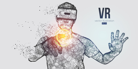 VR headset holographic low poly wireframe vector banner. Polygonal man wearing virtual reality glasses, helmet. VR games playing. Particles, dots, lines, triangles on blue background. Neon light.