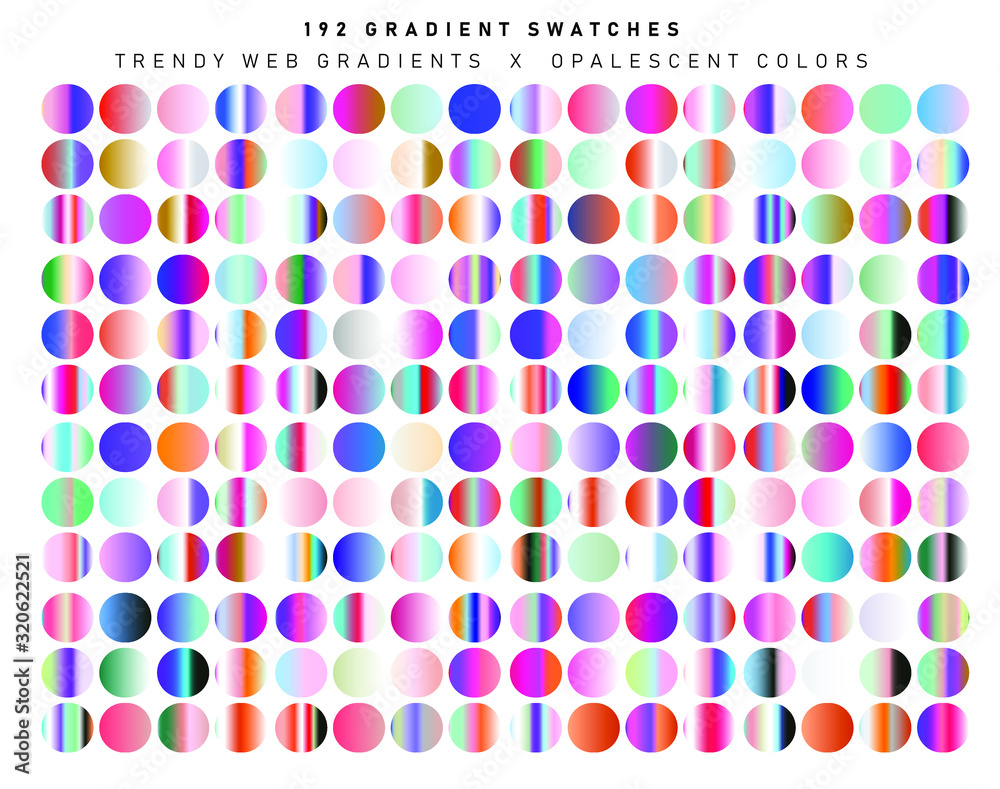Poster set of iridescent gradient swatches for design. mix of trend colors for 2020 year: opalescent and sh