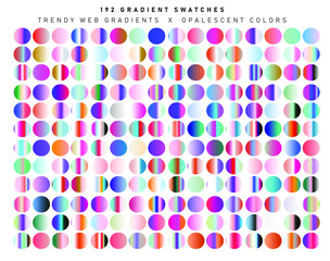Set of iridescent gradient swatches for design. Mix of trend colors for 2020 year: opalescent and shiny palette.