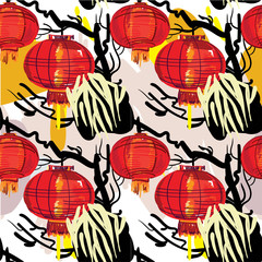 Seamless pattern with chinese lanterns. Paper holiday lanterns. Red lights, China. Abstract background. - 320622766