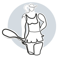One continuous line drawing of standing tennis player. Simple line art drawing of  Beautiful tennis player.