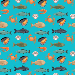 Seamless pattern with different types of fish on blue background. Underwater animals. Vector flat illustration.