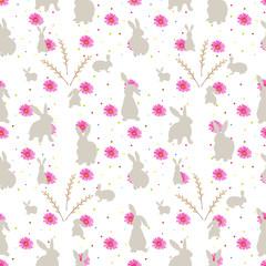 Seamless pattern with rabbits, flowers and willow branches on white background. Vector illustration.