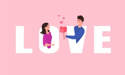 Guy gives the girl a bouquet of hearts. Valentine's day concept. From letters love couple. Vector illustration