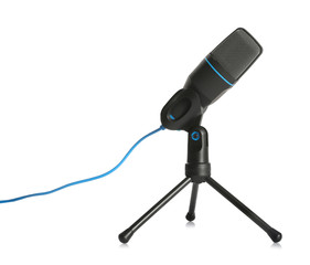 Modern microphone isolated on white. Journalist's equipment