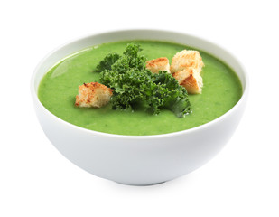 Tasty kale soup with croutons isolated on white