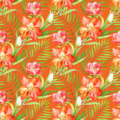 pattern red flowers tulips with palm trees on an orange background, watercolor illustration