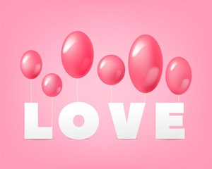 Word love with balloons on a pink background. Vector illustration