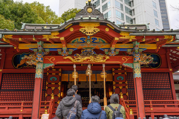 A lot of people queued ,  Waiting for blessings at Konno Hachimangu shrine during New Year vacation. Tokyo , Japan - obrazy, fototapety, plakaty