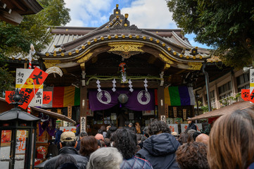 	People waiting for blessings at Toyokama Inari Tokyo Betsuin during New Year vacation. Tokyo ,...
