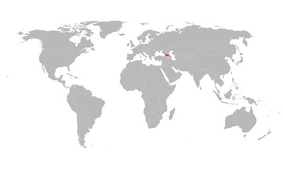 Republic of georgia highlighted red on world political map. Gray background.