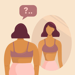 Fototapeta na wymiar Fat girl and reflection her slim version in the mirror. Full woman does not know how to become thin. Women's dreams. Vector illustration, flat design. Female cartoon character with bubble 
