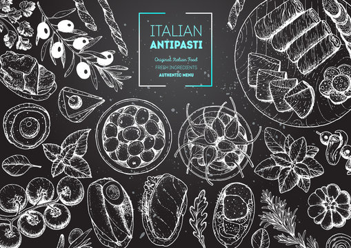 Italian food top view. A set of Italian Antipasti. Food menu design template. Vintage hand drawn sketch vector illustration. Engraved image