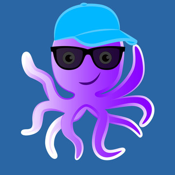 An octopus in sunglasses and a cap.