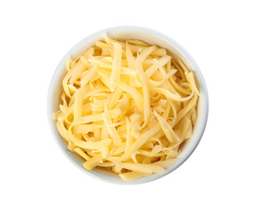 Bowl with grated cheese isolated on white, top view